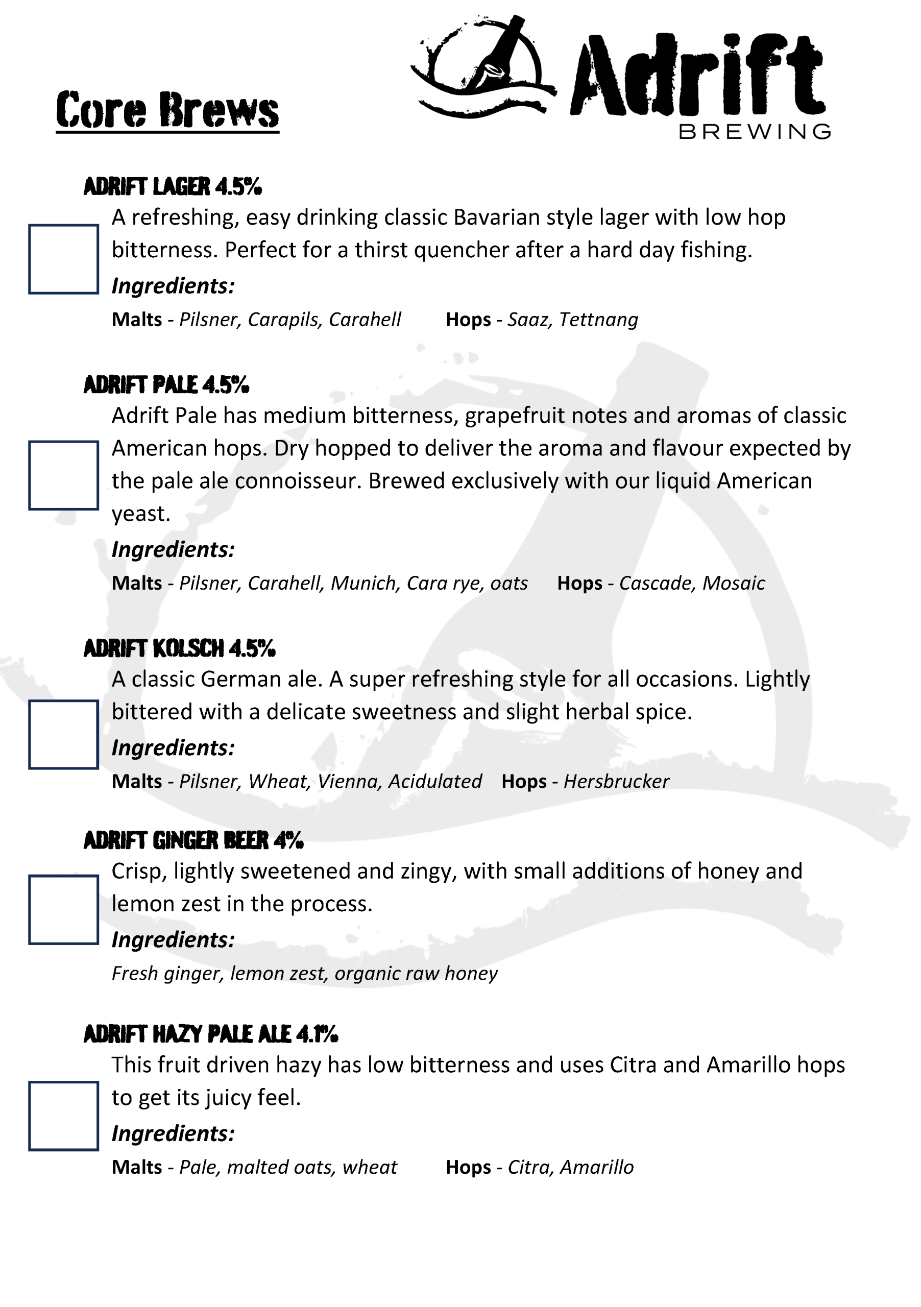Adrift Beer Notes March Core Brews