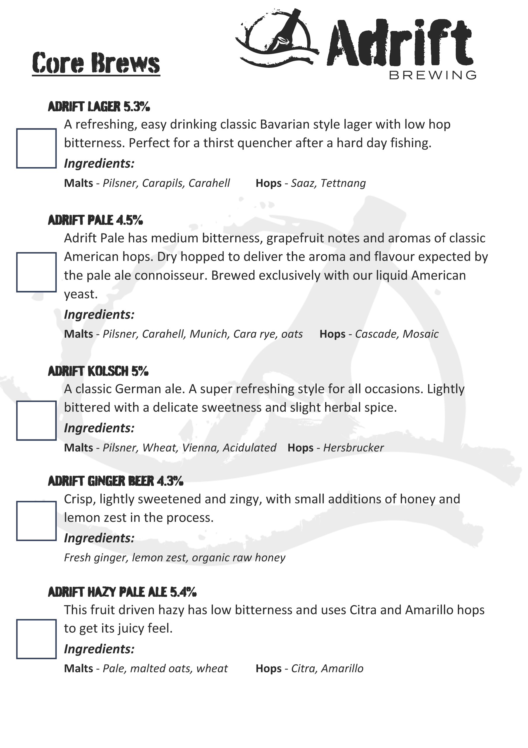 Adrift Core Beer Notes June 26