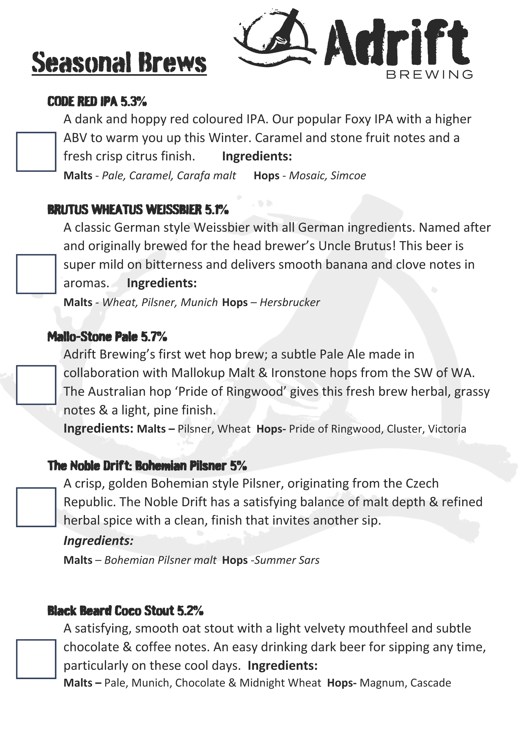 Adrift Seasonal Beer Notes June 26